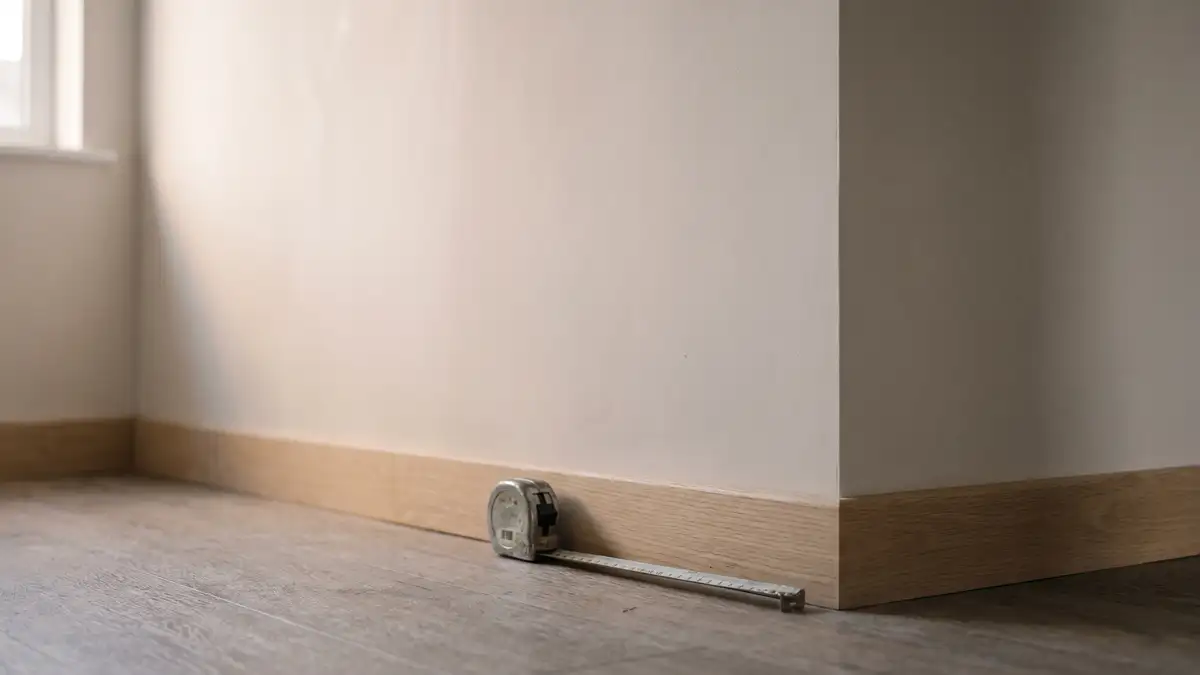 Angolo di un corridoio stretto: parete di intonaco chiaro, battiscopa in rovere e un metro a nastro esteso lungo il pavimento